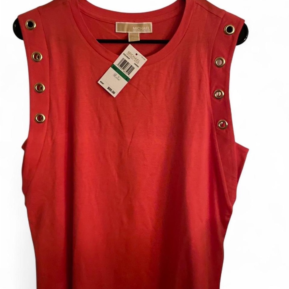Michael Kors Vibrant Burnt Orange/Red Tank Top with Button Accents